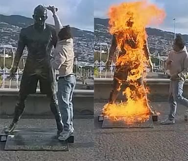 신의 마지막 경고?…호날두 동상에 불 지르고 춤춘 남성