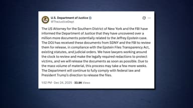 미 법무부 "엡스타인 자료 100만 건 추가돼...공개에 몇 주 걸려"