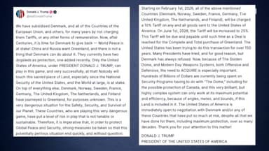 트럼프, 그린란드 파병 유럽국가에 "10% 관세 부과할 것"