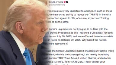 트럼프 "한국 상호관세 25%로 다시 인상...한국 국회가 합의 이행 안해"